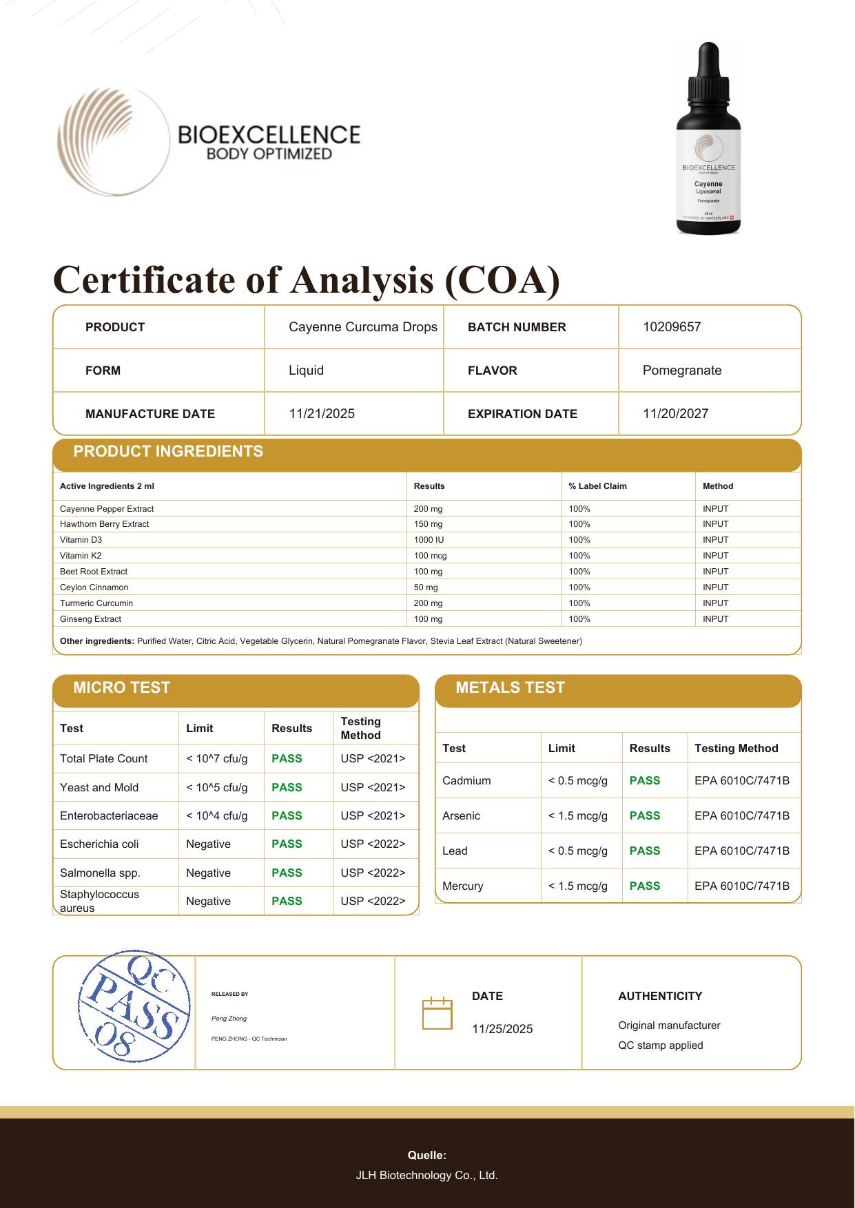 Certificate of Analysis (COA) - Bioexcellence Cayenne Curcuma Drops