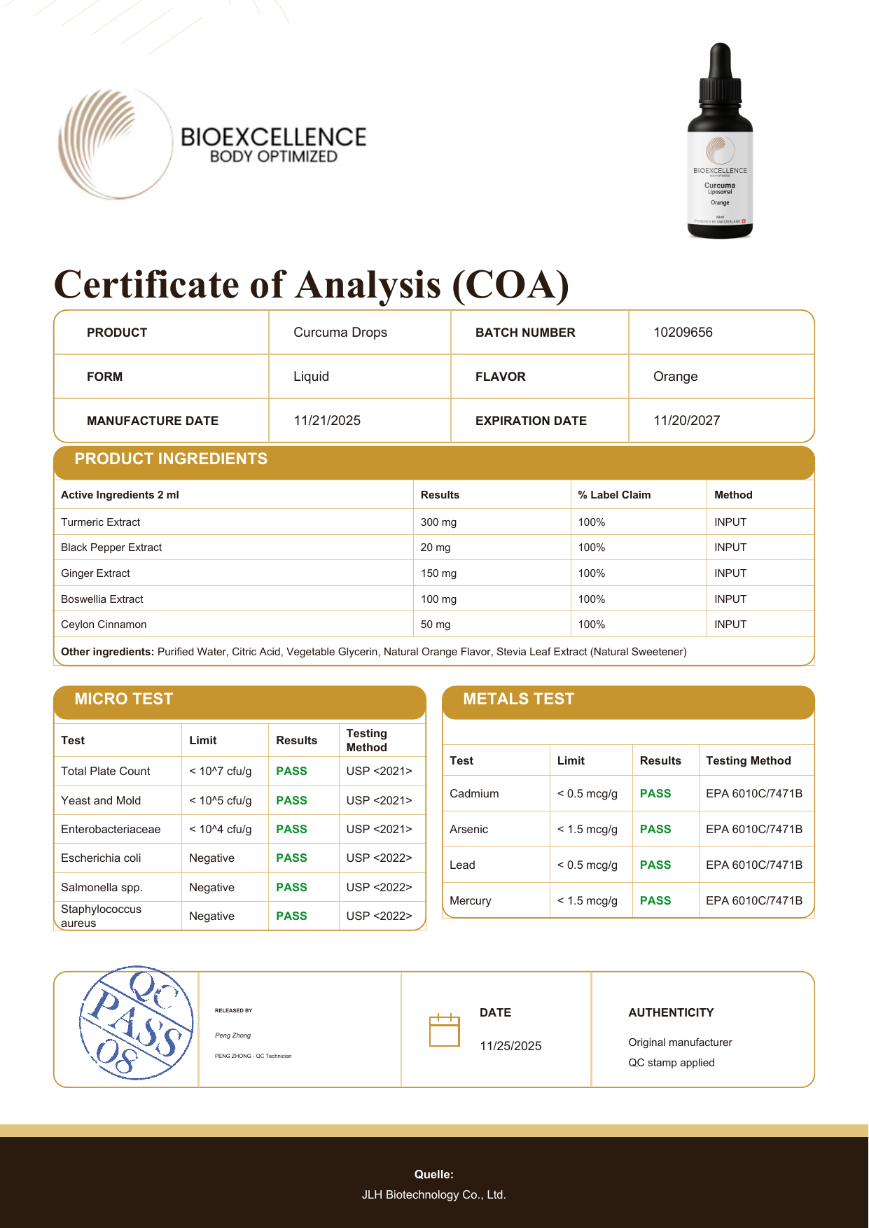 Certificate of Analysis (COA) - Bioexcellence Curcuma Drops