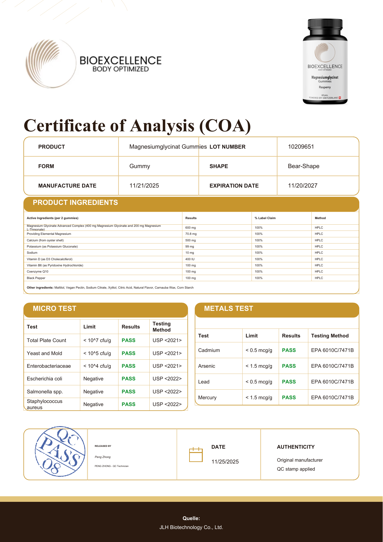 Certificate of Analysis (COA) - Bioexcellence Magnesiumglycinat Gummies