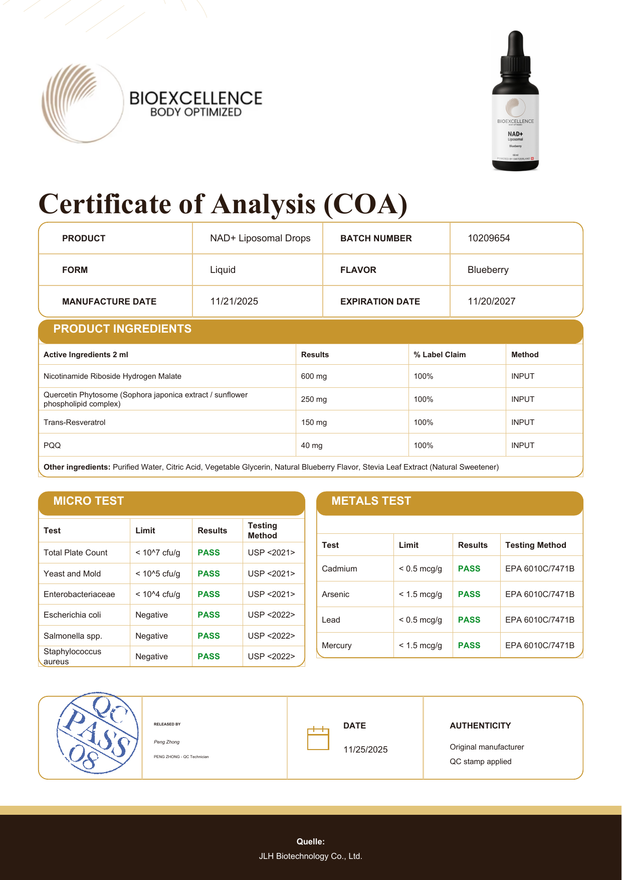 Certificate of Analysis (COA) - Bioexcellence NAD+ Liposomal Drops