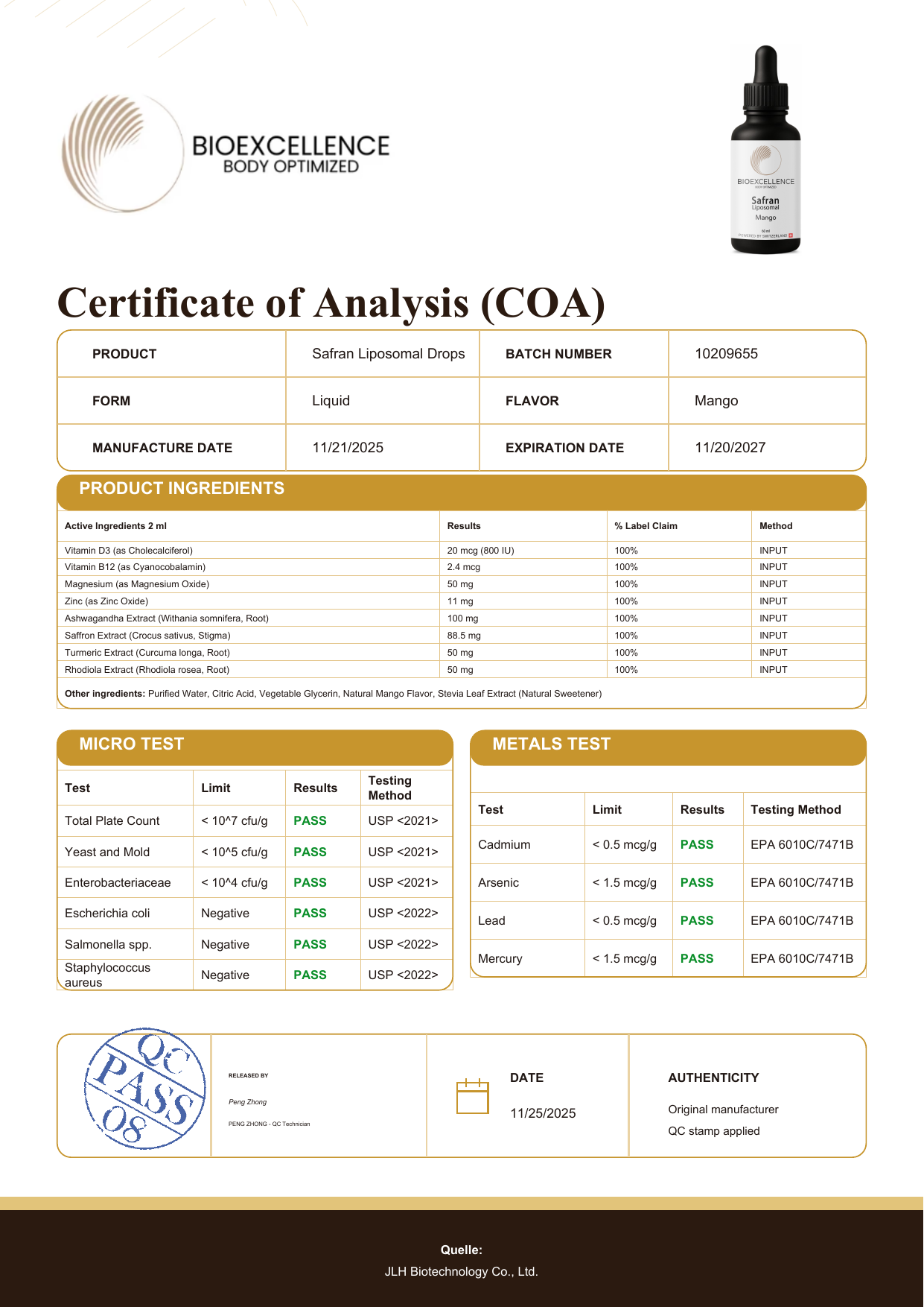Certificate of Analysis (COA) - Bioexcellence Safran Liposomal Drops
