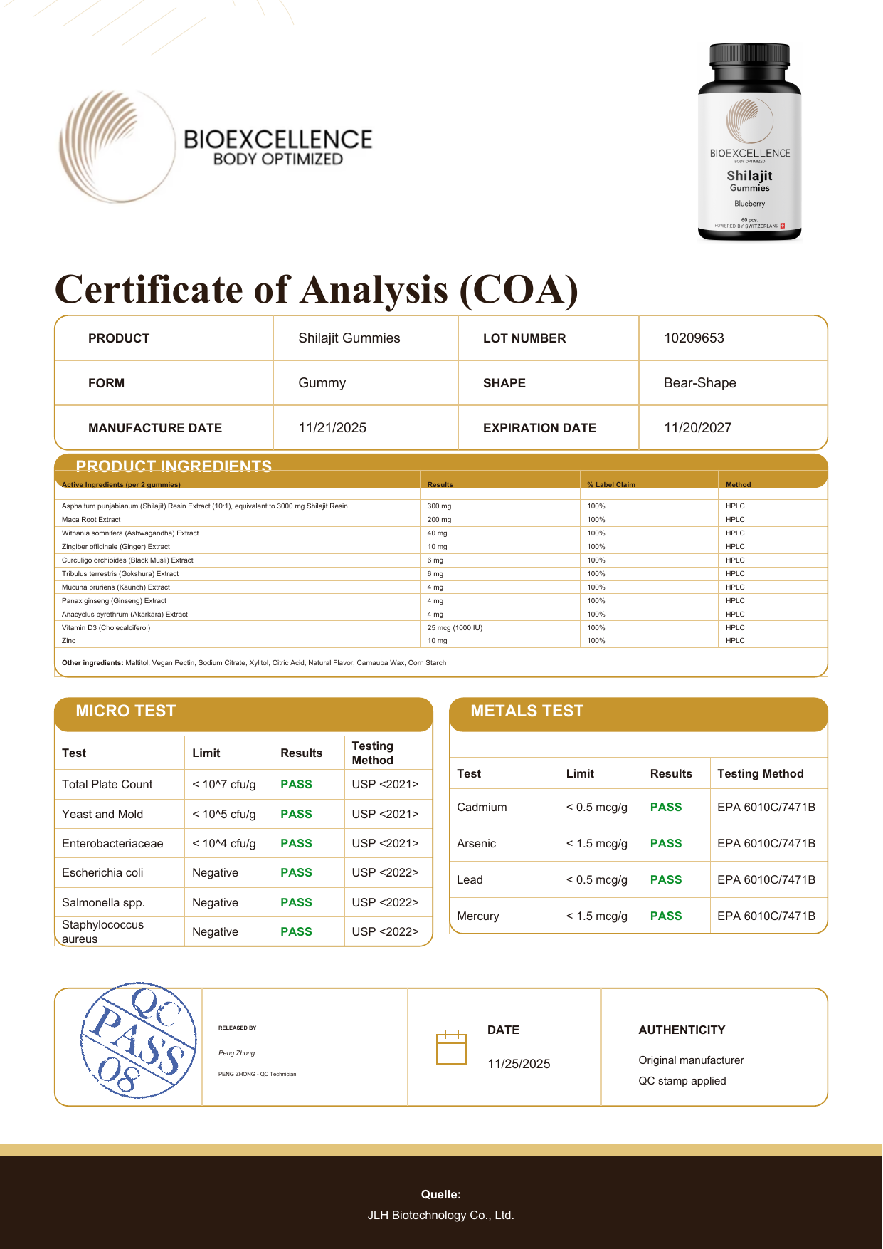 Certificate of Analysis (COA) - Bioexcellence Shilajit Gummies