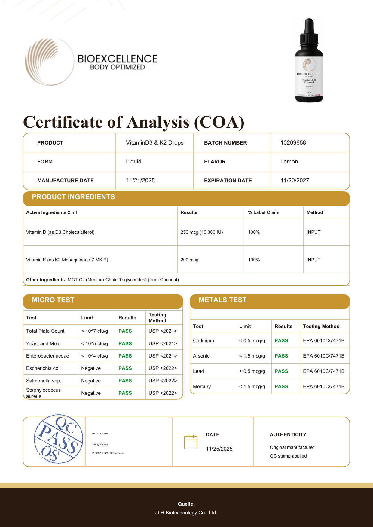 Certificate of Analysis (COA) - Bioexcellence Vitamin D3 & K2 Drops